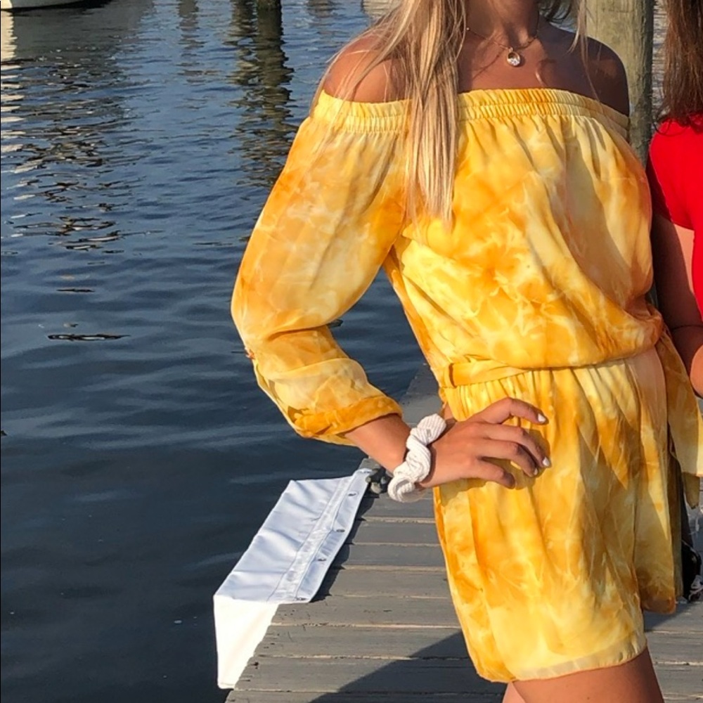 Blue Blush Yellow tie-dye off the shoulder romper (M)